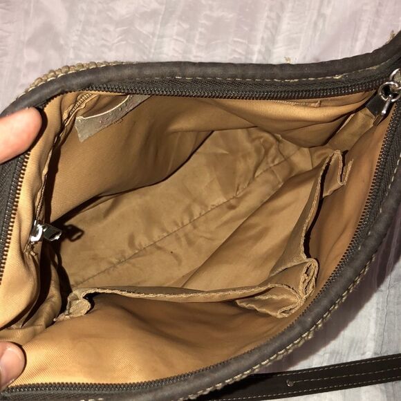 lina Woven Knit Macrame Thread Vinyl Combo Hobo Tan Brown Shoulder Bag - Picture 9 of 15